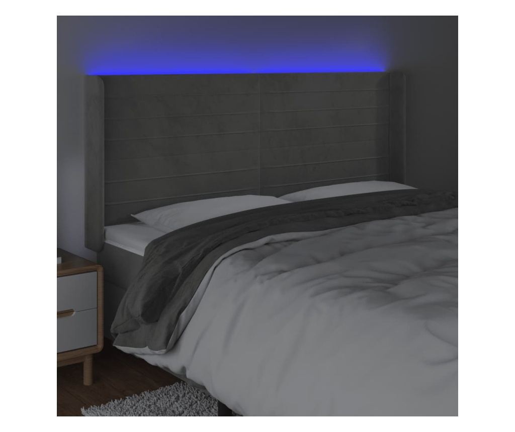 LED Табла за легло, Светло сиво, 163x16x118/128 см, Кадифе - 4