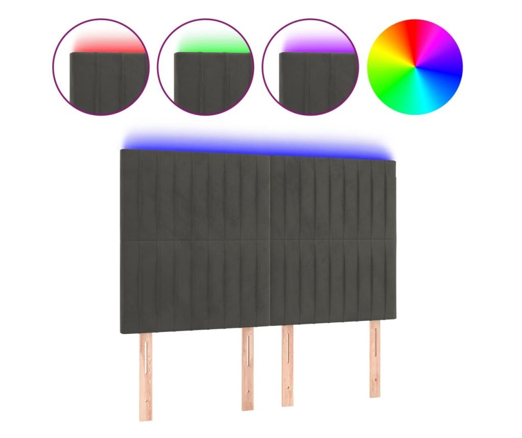 LED Табла за легло, Тъмно сиво, 144x5x118/128 см, Кадифе - 2