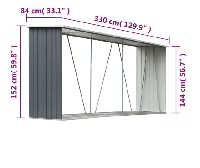 VidaXL Vrtna ostava za drva od pocinčanog čelika 330x84x152 cm siva