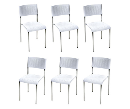 Raki Classic Set 6 scaune plastic cu picioare cromate, aspect ratan, alb, 40x40xh83cm