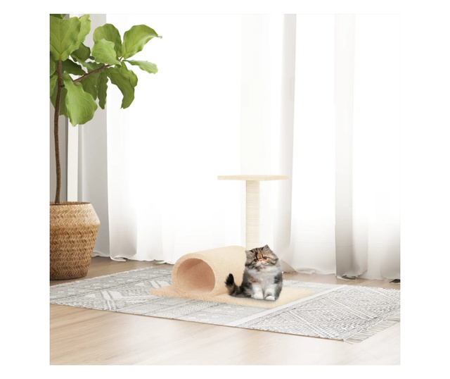 Котешки стълб за драскане с тунел, кремав, 60x34,5x50 см