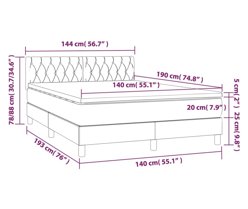 Okvir za krevet s madracem i LED rasvjetom, Svjetlosiva, 140x190 cm, Tekstil - 8