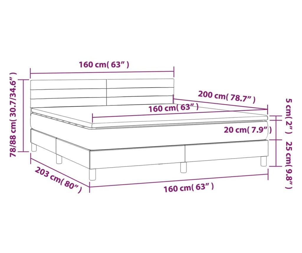 Легло с пружинен матрак и LED, светло сиво, 160x200 см, кадифе - 8