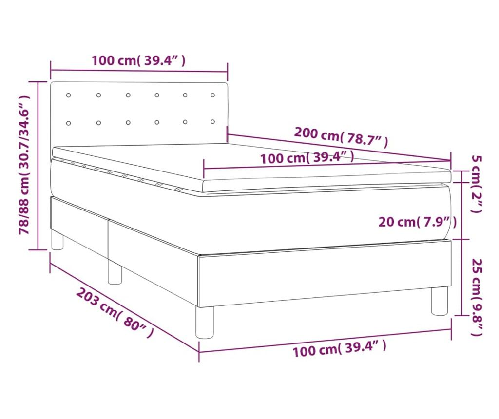 Пружинен легло с матрак и LED, таупе сиво, 100x200 см, текстил - 8