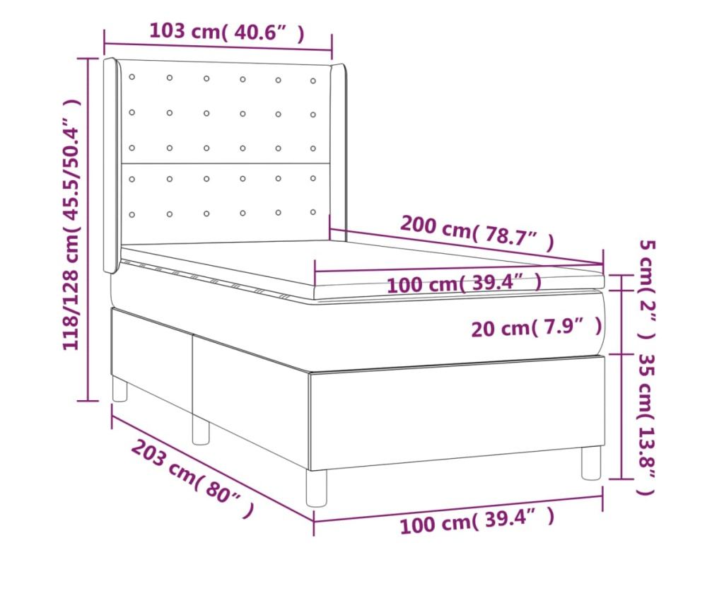 Pat cu arcuri, saltea și LED, crem, 100x200 cm, piele ecologică - 8