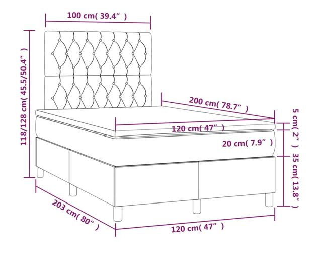 Легло с пружини, матрак и LED, тъмнокафяво, 120x200 см, текстил
