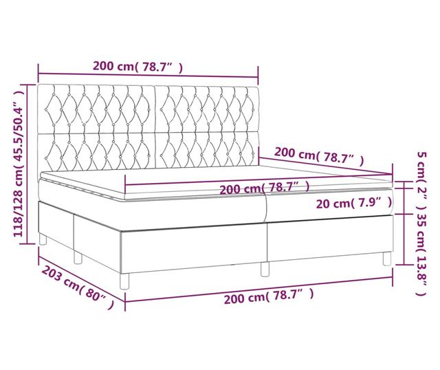 Пружинно легло с матрак и LED, синьо, 200x200 см, текстил