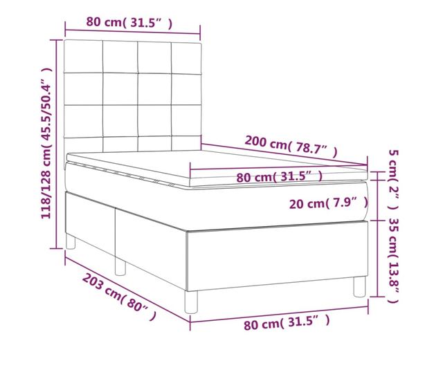 Пружинно легло с матрак и LED, кремаво, 80x200 см, текстил