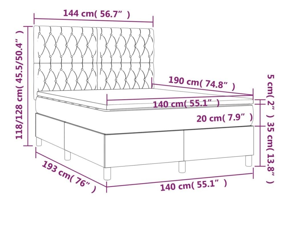 Vzmetnica z vzmetnico in LED, temno rjava, 140x190 cm, tekstil - 8