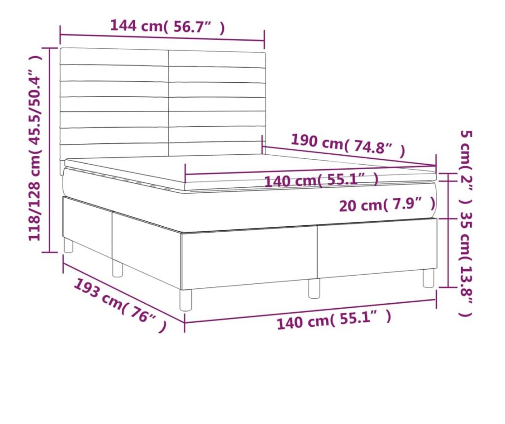 Пружинно легло с матрак и LED, тъмнокафяво, 140x190 см, текстил - 8