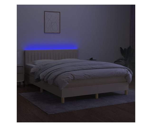 Пружинен легло с матрак и LED, кремаво, 140x200 см, текстил
