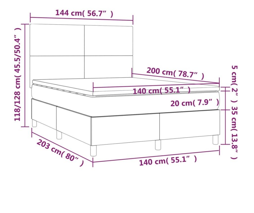 Пружинен спален комплект с матрак и LED, тъмнокафяв, 140x200 см, текстил - 8