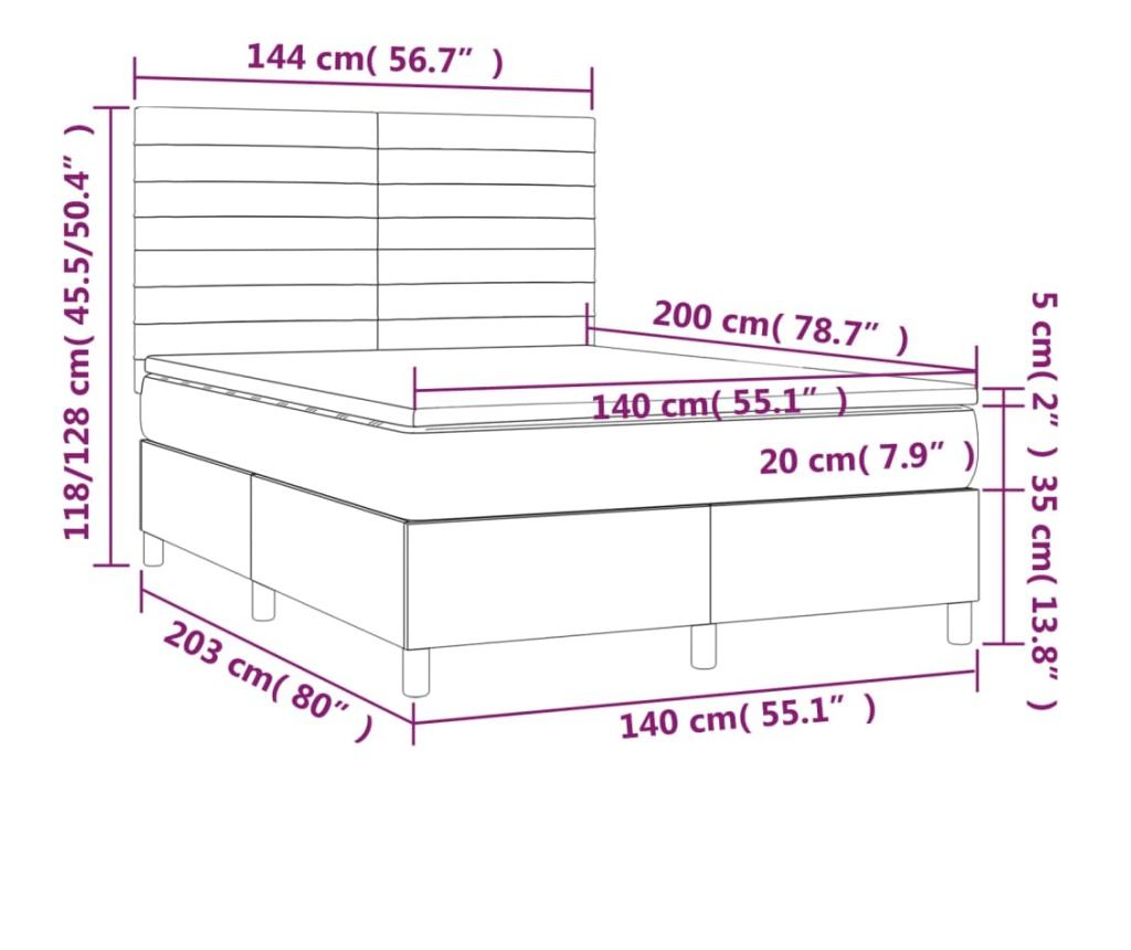 Пружинно легло с матрак и LED, тъмнокафяво, 140x200 см, текстил - 8
