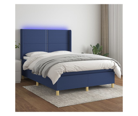 Пружинно легло, матрак и LED, синьо, 140х200 см, текстил