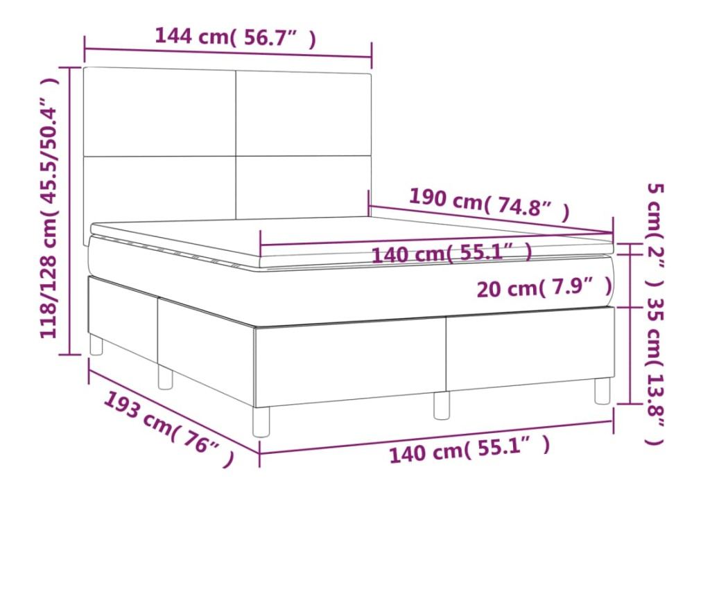 Рамка за легло с матрак и LED, тъмносива, 140x190 см, текстил - 8