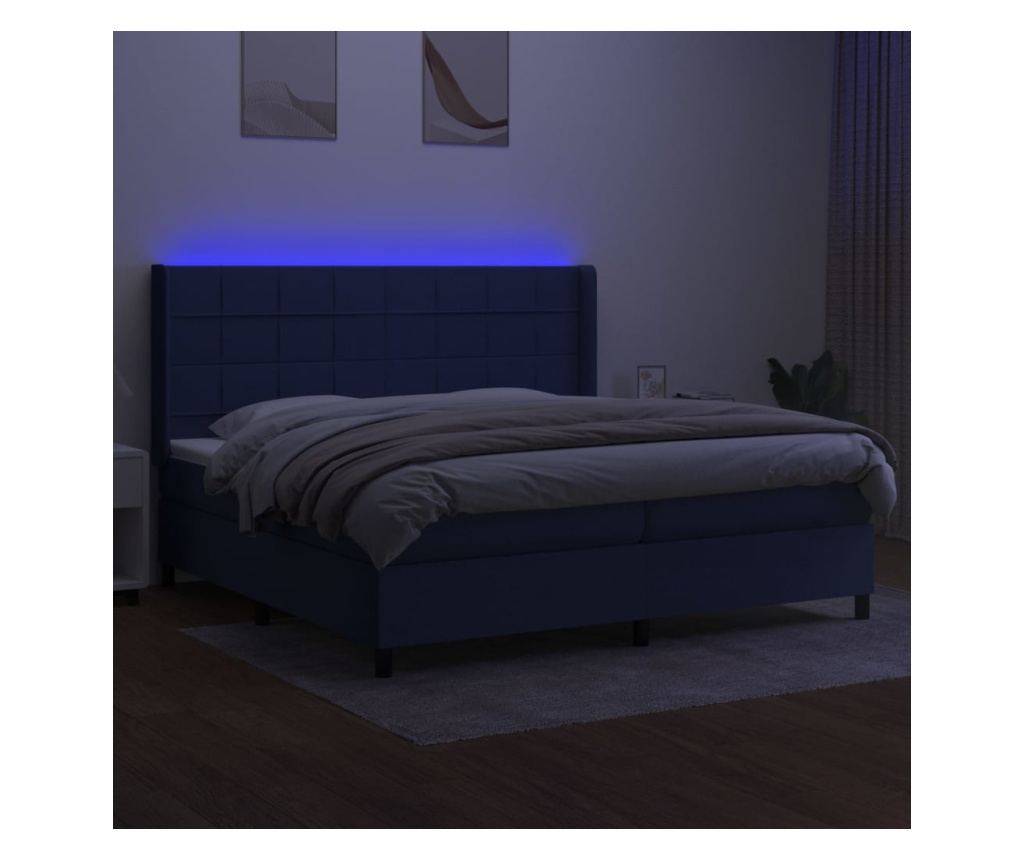 Легло с пружини, матрак и LED осветление, синьо, 200x200 см, текстил - 3