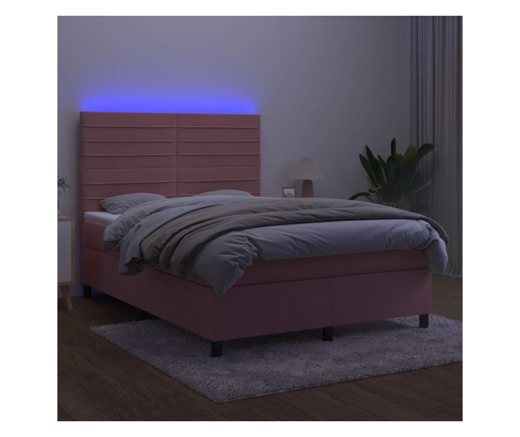 Легло с пружини, с матрак и LED, розово, 140x190 см кадифе - 4