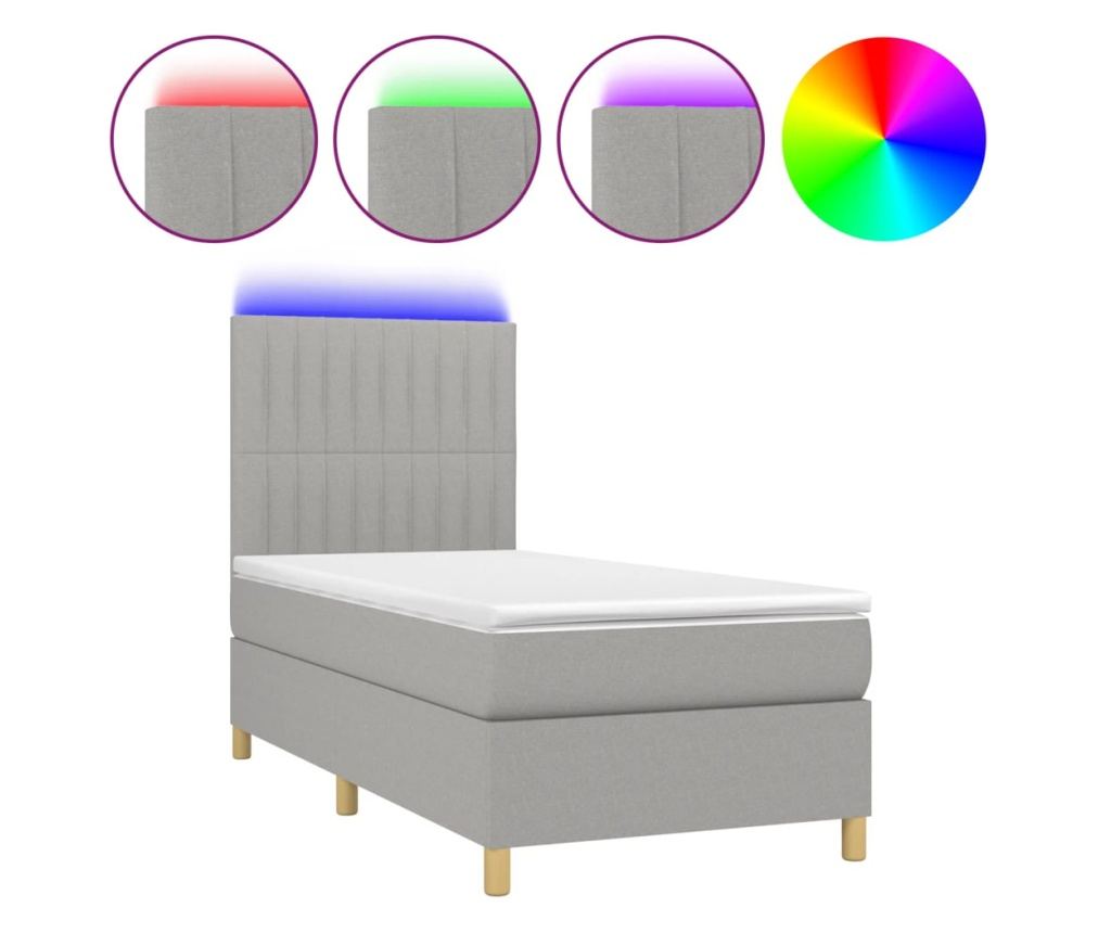 Легло с пружини, матрак и LED осветление, светло сиво, 90x190 см, текстил - 2