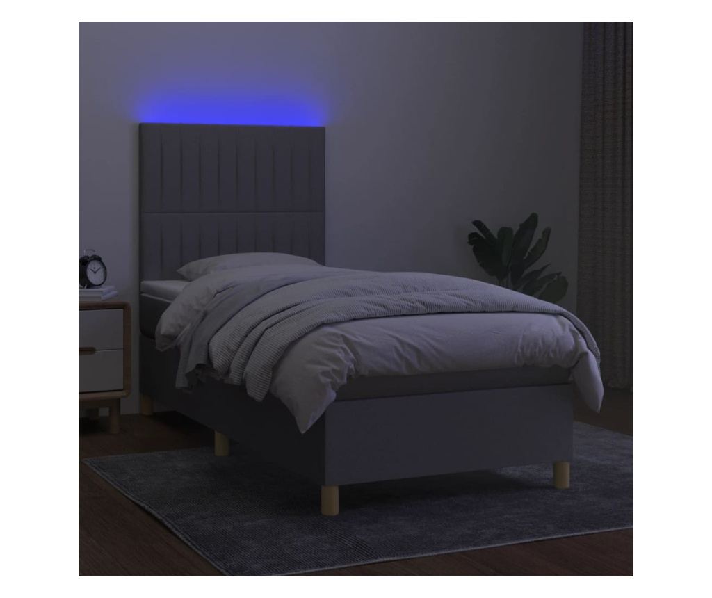 Легло с пружини, матрак и LED осветление, светло сиво, 90x190 см, текстил - 4