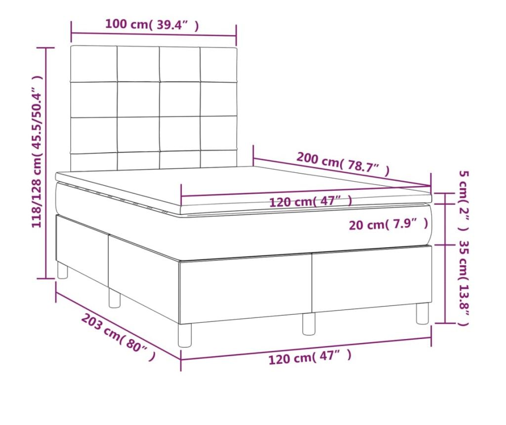 Легло с пружинен матрак и LED, таупе сиво, 120x200 см, текстил - 8