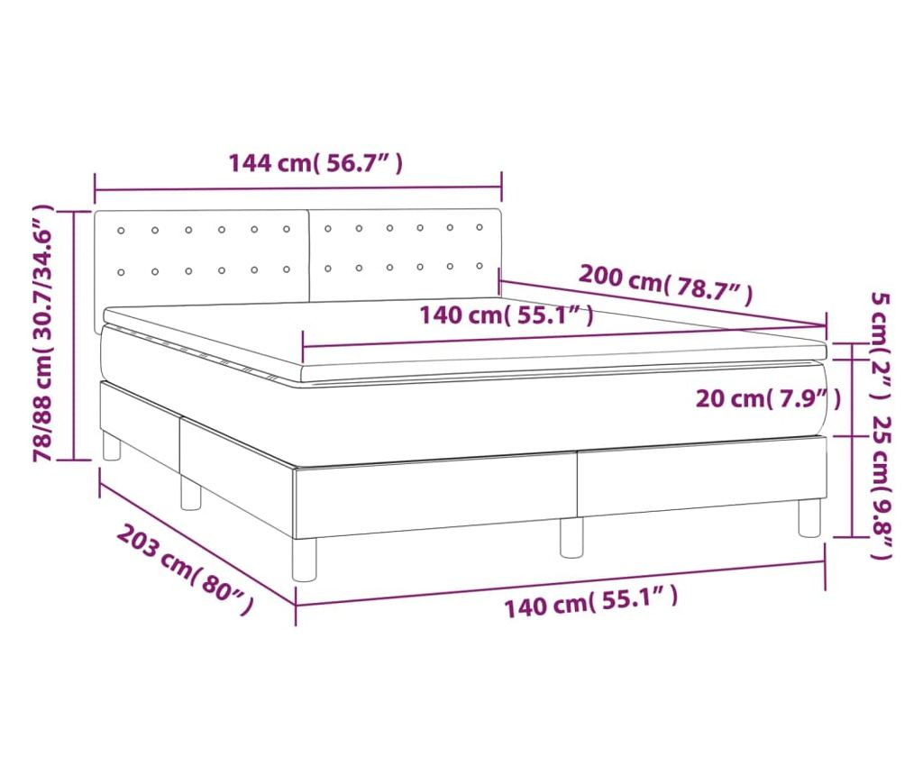 Легло с пружинен матрак и LED, тъмнокафяво, 140x200 см, текстил - 8