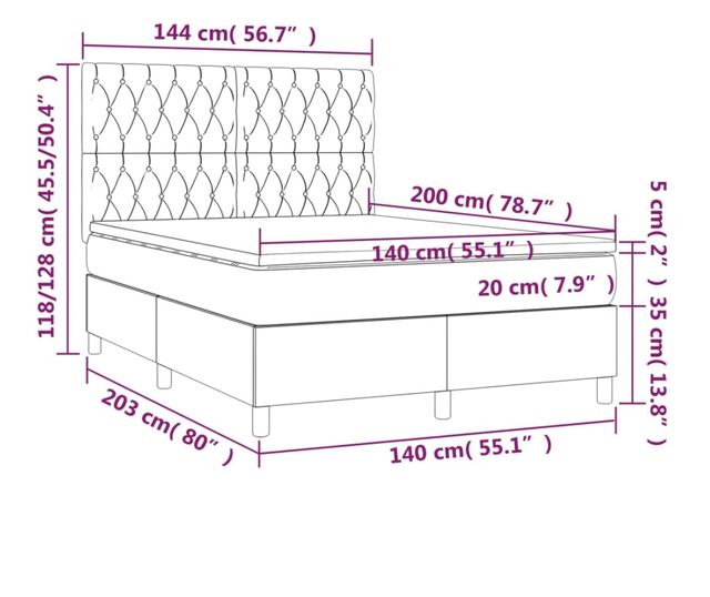 Рамка за легло с матрак и LED, светло сиво, 140x200 см, текстил