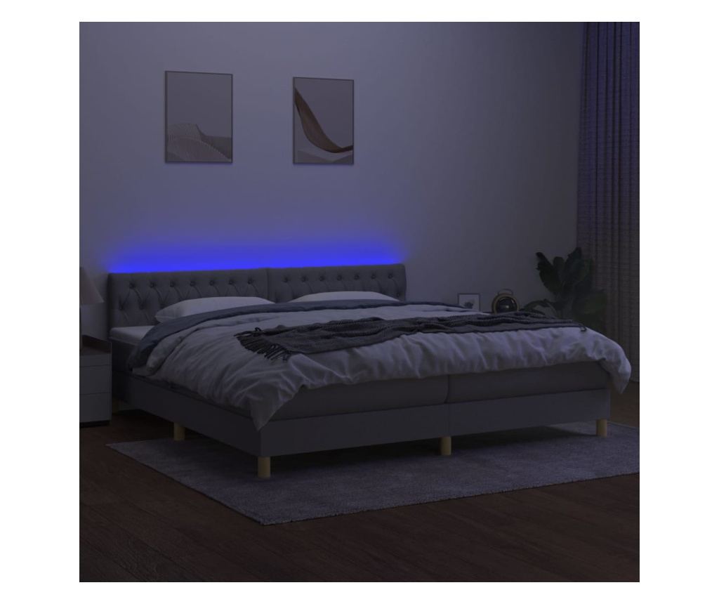 Легло с пружини, матрак и LED осветление, светло сиво, 200x200 см, текстил - 4