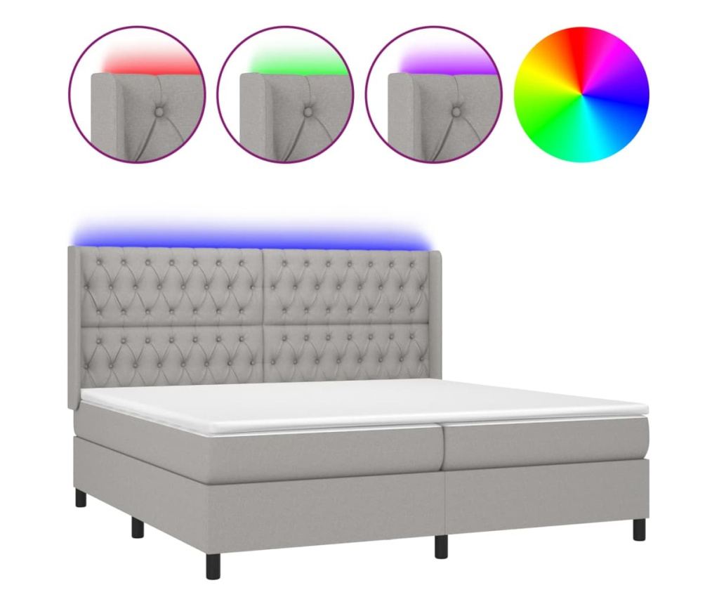 Легло с пружини, матрак и LED осветление, светло сиво, 200x200 см, текстил - 2