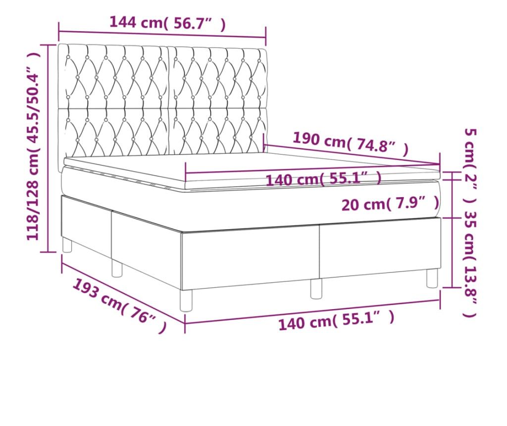 Krevet s oprugama, madracem i LED rasvjetom, svijetlosiva, 140x190 cm, tekstil - 8