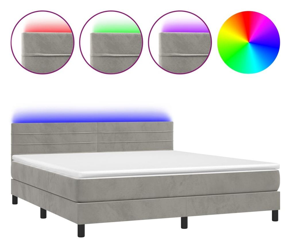 Легло с пружинен матрак и LED, светло сиво, 160x200 см, кадифе - 2