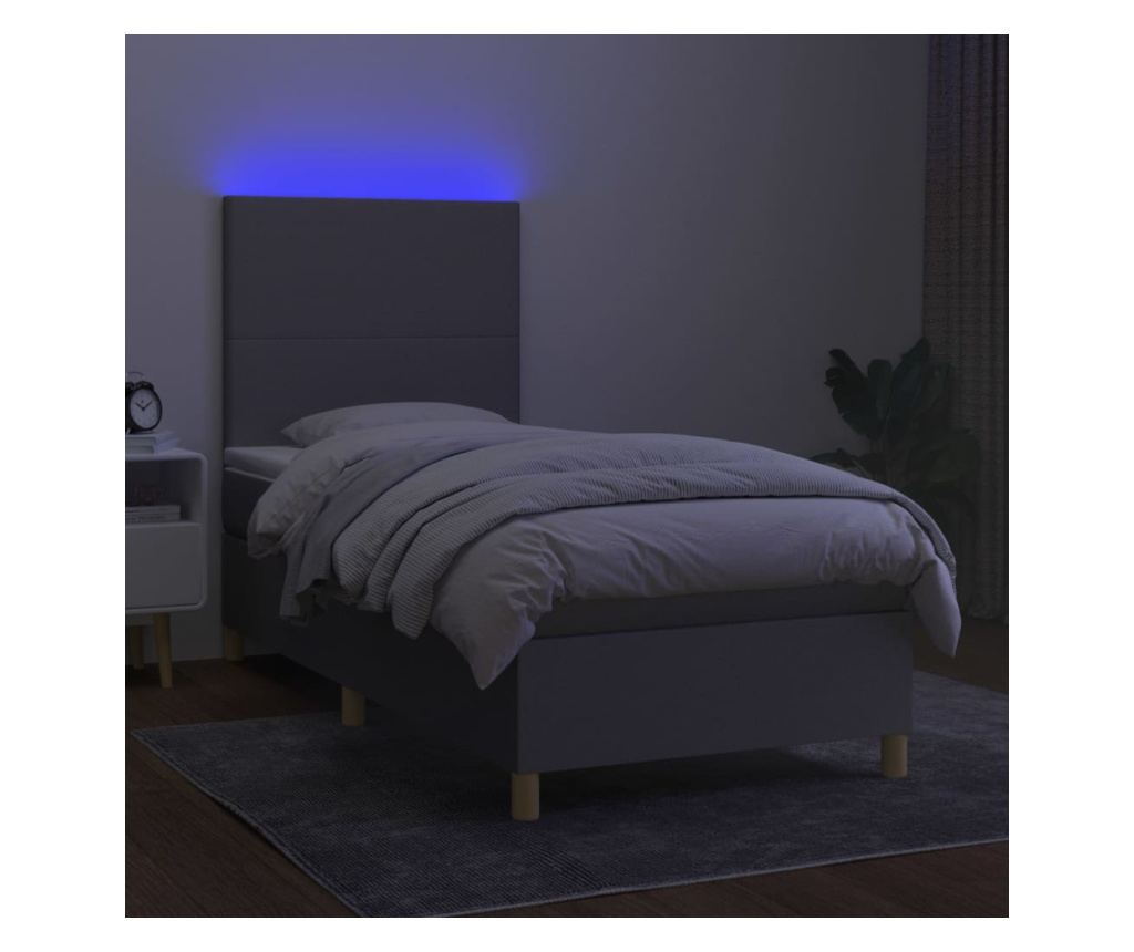 Легло с пружини, матрак и LED осветление, светло сиво, 90x200 см, текстил - 4