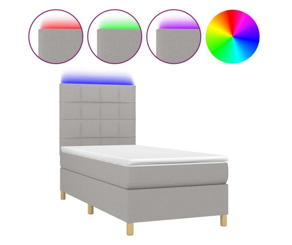 Легло с пружини, матрак и LED осветление, светло сиво, 100x200 см, текстил - 2