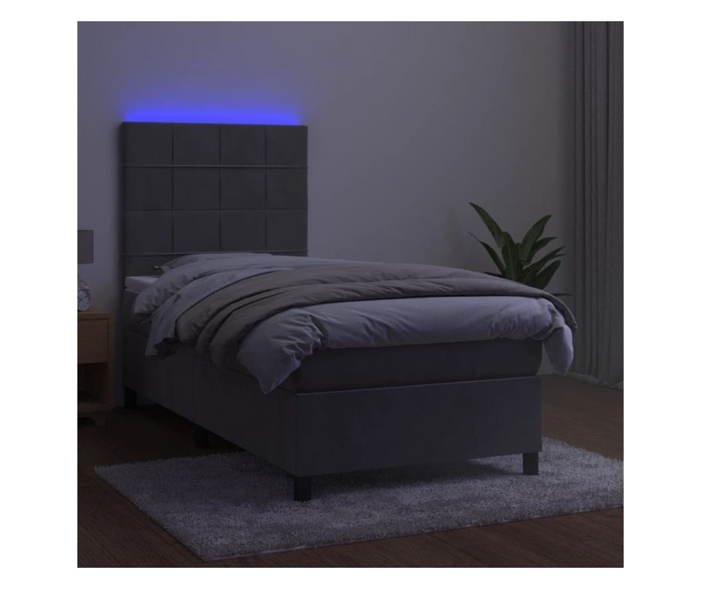 Легло с пружини, матрак и LED осветление, светло сиво, 90x200 см, кадифе - 4