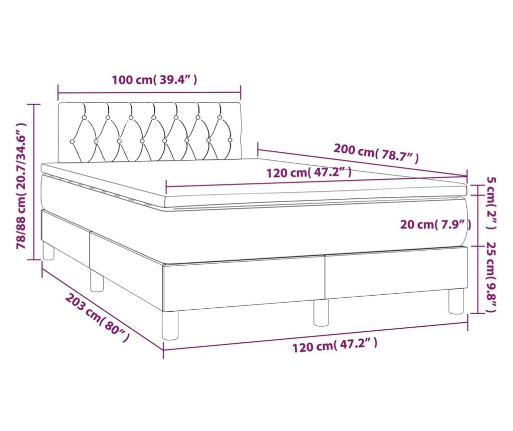 Рамка за легло с пружинен матрак и LED, сиво таупе, 120x200 см, текстил - 8
