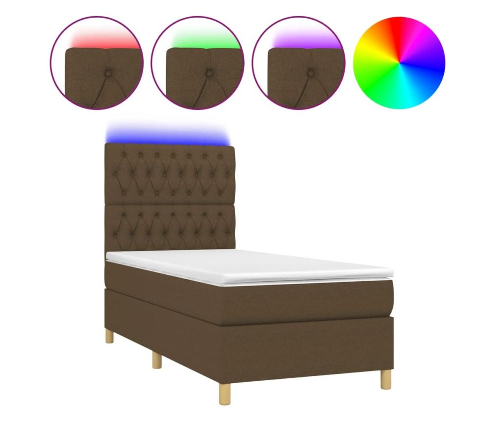 Пружинен спален комплект с матрак и LED, тъмнокафяв, 100x200 см, текстил - 2