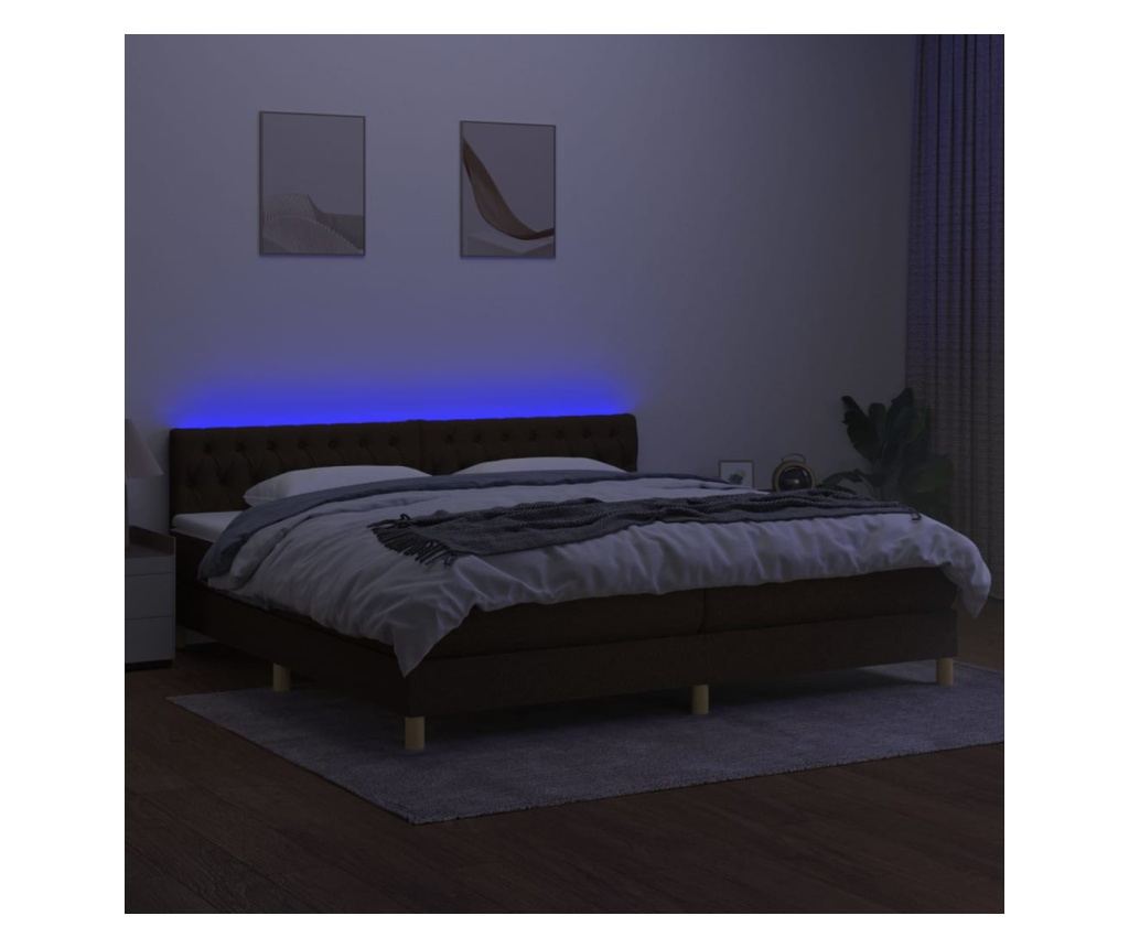 Легло с пружини, матрак и LED, тъмнокафяво, 200x200 см, текстил - 4