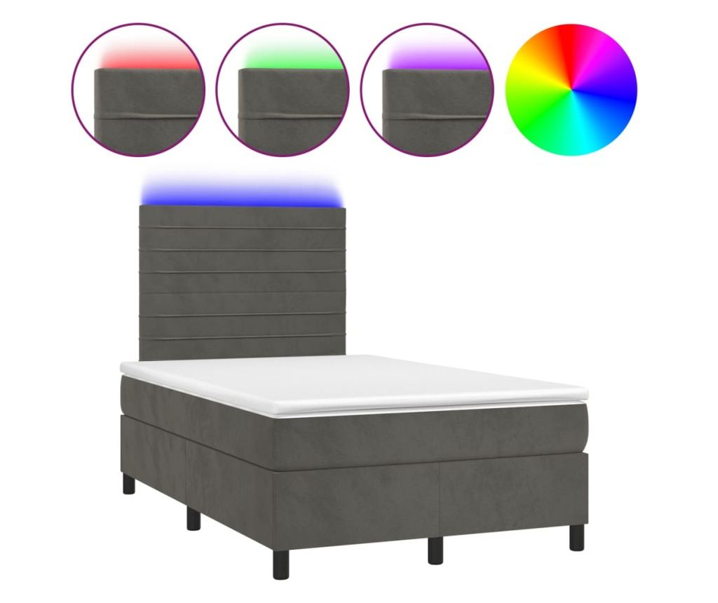 Легло с матрак и LED осветление, тъмносиво, 120x200 см, кадифе - 2