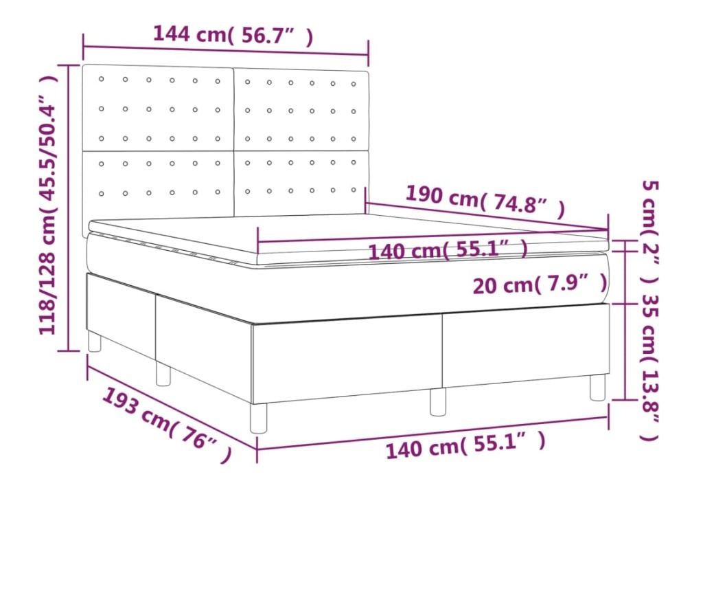 Boxspring krevet s madracem i LED rasvjetom, tamnosmeđi, 140x190 cm, tekstil - 8
