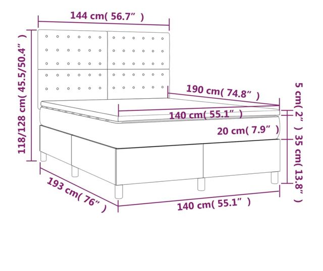 Пружинен спален комплект с матрак и LED, тъмнокафяв, 140x190 см, текстил
