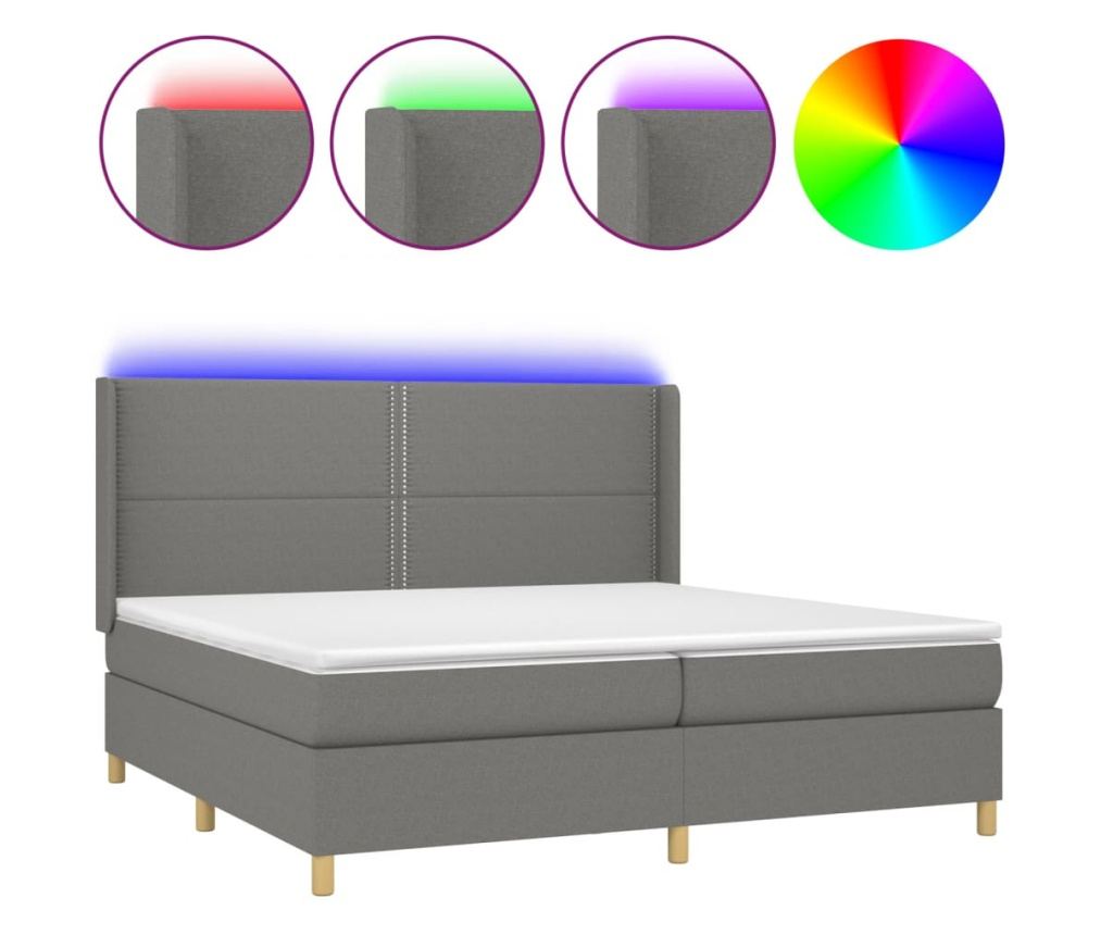 Легло с пружини, матрак и LED осветление, тъмно сиво, 200x200 см, текстил - 2