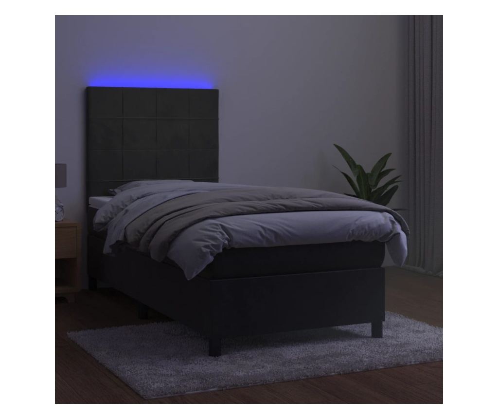 Легло с пружини, матрак и LED, тъмно сиво, 90x200 см, кадифе - 4