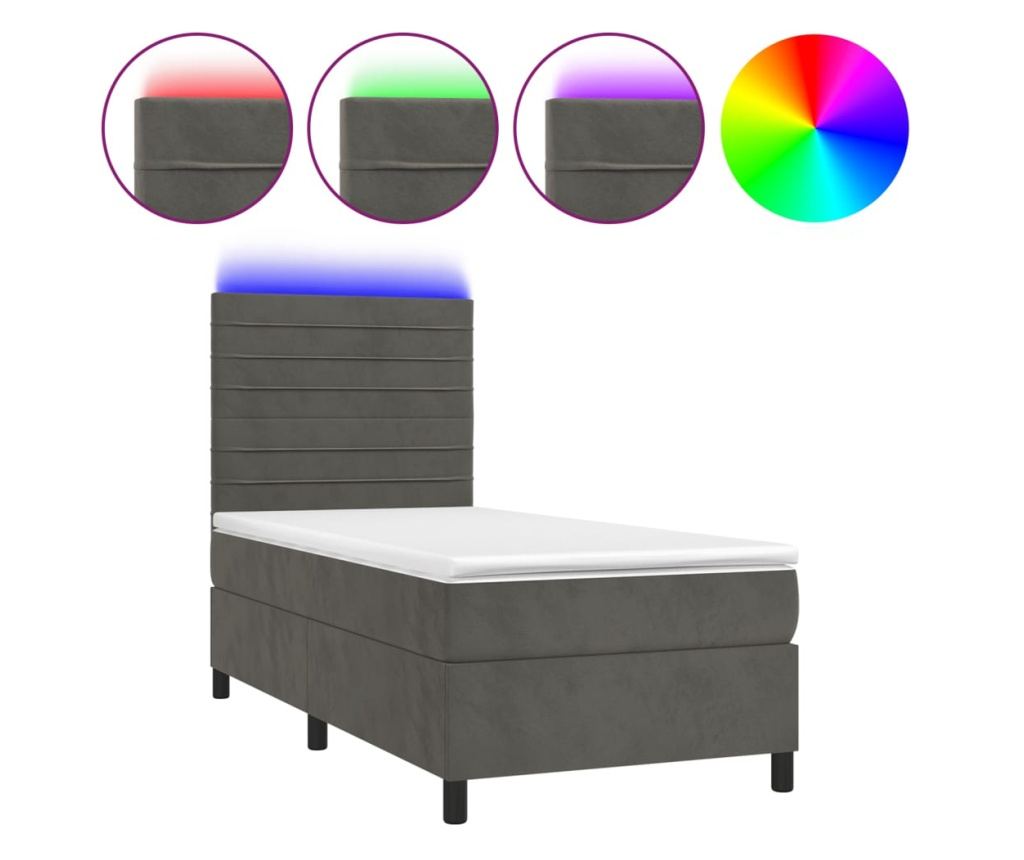 Пружинно легло с матрак и LED, тъмносиво, 100x200 см, кадифе - 2