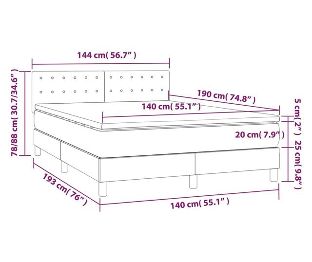 Пружинно легло с матрак и LED, тъмнокафяво, 140x190 см, текстил