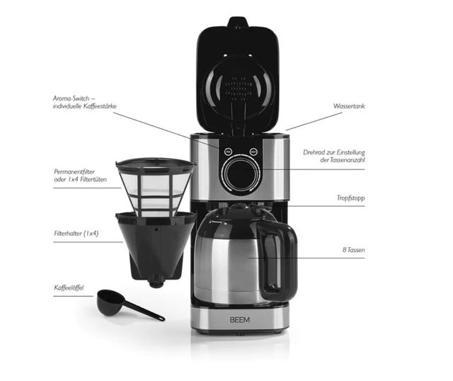 Cafetiera programabila, BEEM, Aroma Switch, 8 cani, inox