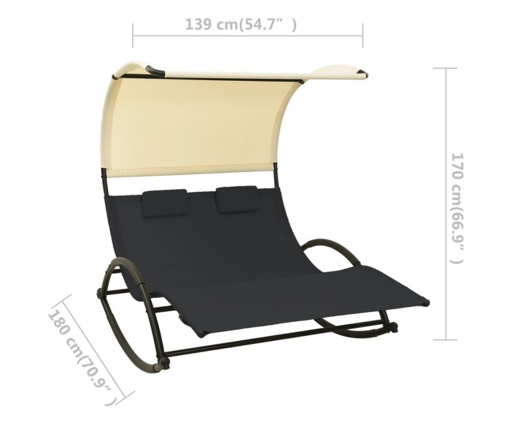 Dvostruka ležaljka za plažu s baldahinom, crna i krem, tekstilen - 7