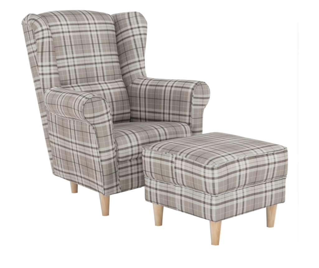 Set fotoliu cu taburet, din textil maro, Astrid, 86x72x105 cm