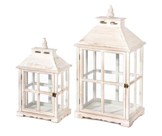 Set od 2 staklene lampiona bijelo patinirano drvo 39 cm x 28 cm x 74 h 30 cm x 20 cm x 53 v