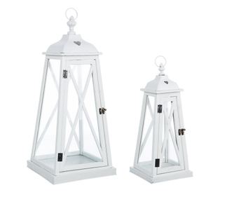 Set od 2 lampiona metal drvo staklo bijeli križ 20 cm x 20 cm x 48 h 30 cm x 30 cm x 68 v