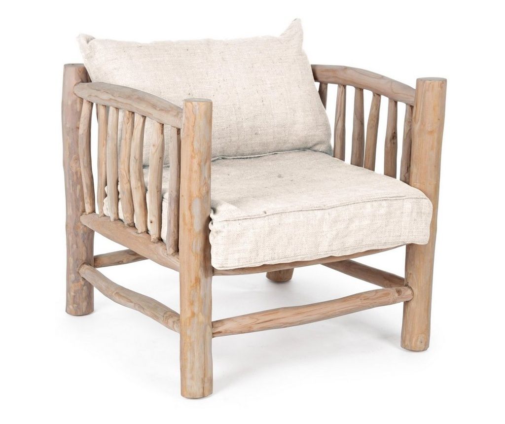 Természetes fa fotel krémszínű párnákkal - 70 cm x 75 cm x 80 cm