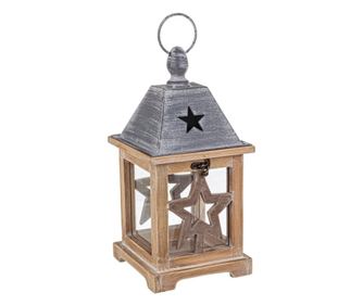 Felinar din lemn sticla si metal maro gri Alinka 15x15x31 cm
